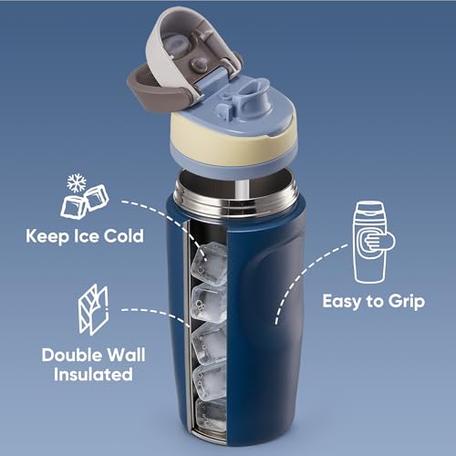 Image of Fijinhom 16 oz Insulated Water Bottle,Stainless Steel Sports Water Bottle with Straw, Double Wall Vacuum Leak Proof, Cold for 24 Hours, BPA Free for Travel, Sport, Outdoor, Dark Blue