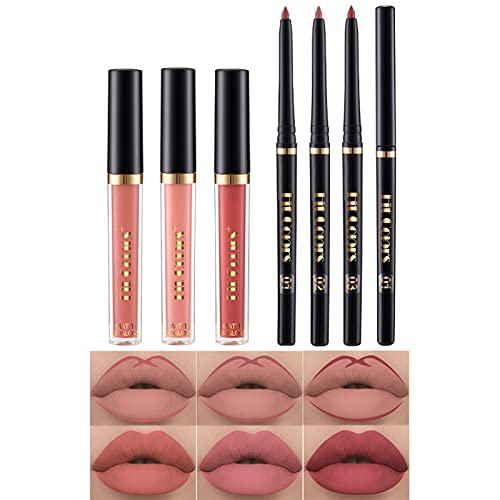 Lip Liner And Lipstick Set, 3 Velvety Matte Liquid Lipsticks + 3 Matching Smooth Lip Liner Pens, One Step Lips Makeup Kits Nude Lip Stain For Black Women Waterproof Long Lasting 24 Hours (A) #TOP4