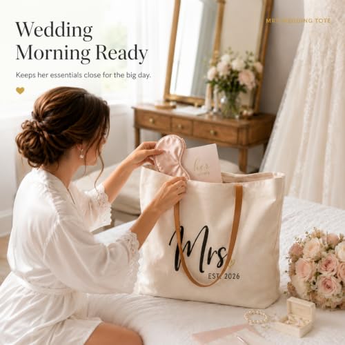 Image of ELEGANTPARK Mrs Gifts for Bride 2026 - Large Canvas Wedding Tote Bag with Zipper, Bridal Shower Gift for Bride to Be, Bachelorette Party Honeymoon Beach Bag