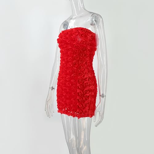 Image of Womens Strapless Mini Dress Sexy Short Bodycon Off Shoulder Stretchy 3D Floral Appliques Tube Top Cocktail Party Dress