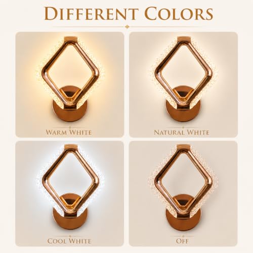Image of fizzytech Crystal LED Wall Light, Modern Gold Finish Decorative Wall Lamp with 3 Colour Changing Modes for Living Room, Bedroom, Hallway & Home Decor (Diamond, Pack of 1)