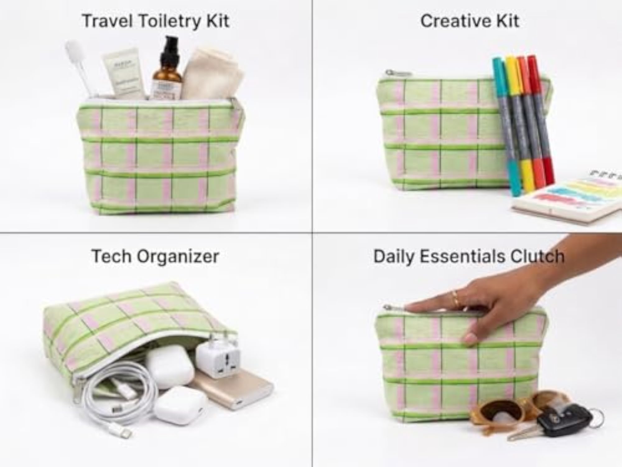 Multipurpose Cloth Pouch, Pink and Green Checkered