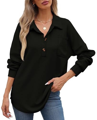 Image of ZAAYO Women Waffle Knit Tops Henley Shirts V Neck Long Sleeve Solid Color Casual Tunics Blouse