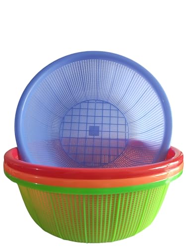 Image of 4 Pcs Large Plastic Wash Basket Round Perforated Colander Wash Vegetables and Fruits Drain Cooked Pasta Kitchen Essentials Food Strainer Basket Strainer Kitchen Blue Green Red Orange color