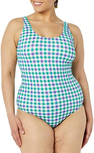 Amazon Essentials Women's One-Piece Coverage Swimsuit (Available in Plus Size), Blue/Green, Gingham, Large