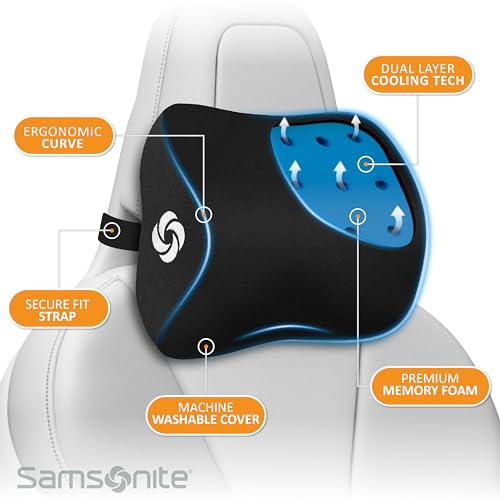 Image of SAMSONITE, Infused-Gel Car Neck Pillow with Airflow Memory Foam, Headrest Support Cushion for Driving, Universal - Fits Any Vehicle, Including SUVs and Trucks, Washable Cover, Large Size, Black