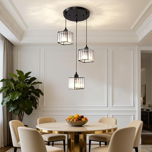 Warmiehomy Modern Crystal Chandelier 3 Lights, Hanging Lights Adjustable Height, E27 Pendant Ceiling Light for Kitchen Island, Living Room, Bedroom, Hallway,Square,D30*H120cm(Black)