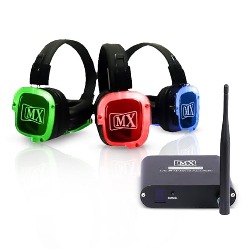 Image of MX Wireless Silent Headphones & 3-Channel Transmitter Bundle - Wireless Rechargeable Headphones with LED Channel Indicators, Adjustable Fit Ideal for Silent Discos, Yoga, Concerts (Pack of 10)
