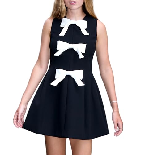 Women's Bow Front Mini Dress Sleeveless Crewneck Cute Cocktail Party Dress