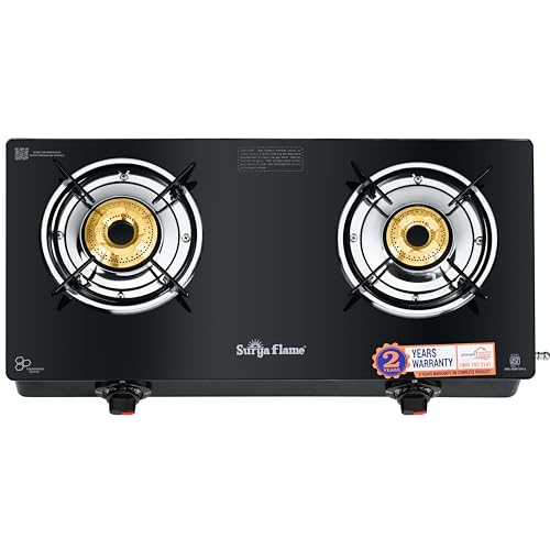 Image of Surya Flame Gas Stove 2 Burner with Glass Top, Brass Burners, 69%+ Thermal Efficiency & Toughened Glass, 2 Years Warranty & Doorstep Service across India