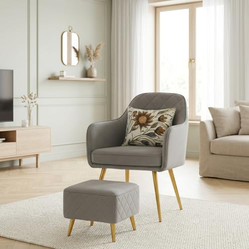 Image of Velvet Accent Chair with Pouffe & Floral Cushion | Modern Upholstered Armchair with Gold Metal Legs | Comfortable Lounge Chair for Living Room, Bedroom, Office (Light Grey)