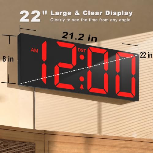 Image of JALL 22 inch Large Digital Wall Clock, Big LED Display with Night Light, Auto Dimming & DST, Giant Alarm Clock for Seniors, Elderly Parents, Gift for Mom Dad (Black Shell Red Font)