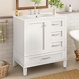 30' Bathroom Vanity with Sink & Countertop,Modern Ceramic Single Sink Vanity with Soft Close Door,2 Drawers & Divided Drawer,Freestanding Bathroom UnderMount Sink Cabinet with 4 Solid Wood Legs,White