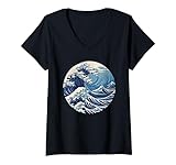 Mujer Asiático Great Wave Blue Sea Ocean Japón Kanagawa Camiseta Cuello V