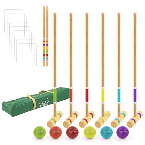 Image of Taylor & Brown Six Player Croquet Set with Deluxe Premium Pine Wooden Mallets, Coloured Balls, Wickets, Stakes - Family Lawn Backyard Game Set, Includes Carry Bag
