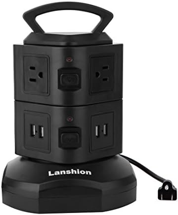 Power Strip Lanshion Tower Surge Protector Power Socket Electric Charging Station 6 Outlet Plugs with 4 USB Slot 9.8ft Retractable Cable Cord Wire Extension Universal Charging Station Office