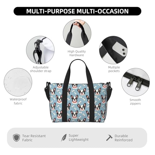 Cute French Bulldog Print Q Travel Duffle Bags for Women, Personal Item Overnight Weekender Sport Carry On Gym Bag for Men Women3