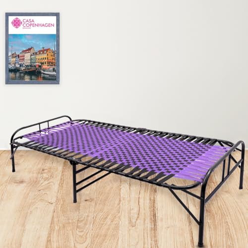 Image of Casa Copenhagen, Portable Single Folding Bed Heavy Duty Metal Cot Khat for Sleeping Bed Space Saving Design Sturdy Synthetic Niwar feet - Purple & Black