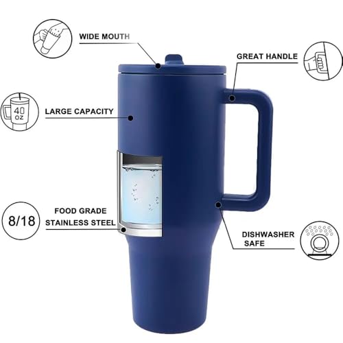 Image of SKDBPM Personalized Stainless Steel Tumbler with Handle, 1200ml Capacity, Black Insulated Travel Mug with Straw, Custom Name Design (Navy Blue (3rd Generation))