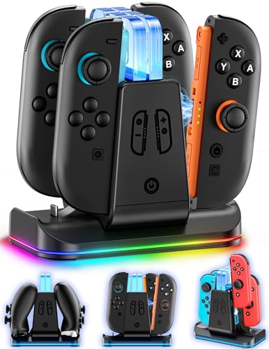 Switch 2/1 Joy-con & Pro Controller Charging Dock, 6-in-1 Controller Charger Station with 9 RGB...