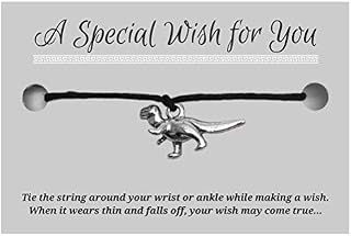 Dinosaur Charm Black Wish Bracelet - Hemp with Silver Tone Charm on Printed Card - Adjustable - Unisex