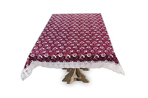 Image of The Furnishing Tree Waterproof PVC Rectangle Shaped Center Table Cover WxL 40x60 inches Floral Pattern Magenta with White Border lace