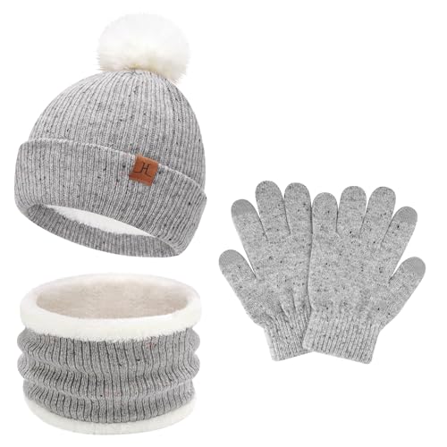 Bequemer Laden Niños Bebés Invierno Gorro Pompon Termicos Guantes Bufanda Conjunto con Forro Polar Regalo para 5-8 Años Niñas Niños