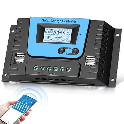 VIXKPIRR 20A Solar Laderegler Mit Bluetooth, PWM 20A Solarladeregler 12V 24V mit Temperatursensor LCD Anzeige und 4 USB Ports,Geeignet Lithium, Blei-Säure, Gel-Batterie