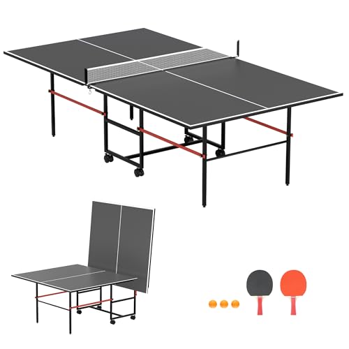 8X4FT Ping Pong Table for Indoor/Outdoor, Foldable Mid-Size Table Tennis Table with Net, 2 Table Tennis Paddles and 3 Balls - Easy Assembly - Tournament Quality - Perfect for Family Game Rooms