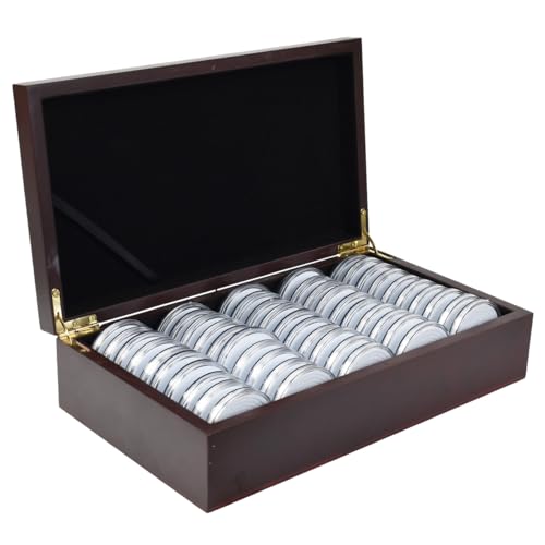 46 mm Wooden Coin Holder, 50 Pcs Highly Transparent Coin Capsules with Foam Gasket, Coins Collector Case Holder, Coin Storage Case Box for Coin Collection,1 Pack