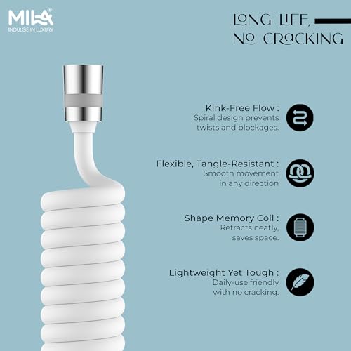 Image of Mila Telephonic Hose for Bathroom - 2 Meter, White | Flexible PU Shower Hose Pipe /Jet Spray Pipe /Bidet Sprayer Hose | Explode-Proof Spring Coil Design | 1.5 Yr Warranty