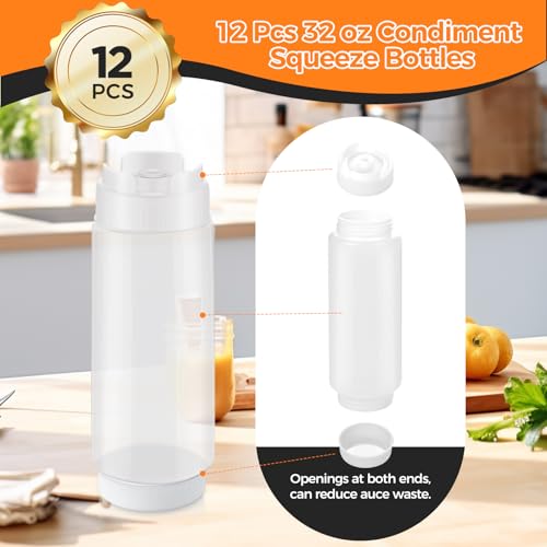 Image of 12 Pack 32 oz Condiment Squeeze Bottles for Restaurant Large Plastic Sauce Squeeze Bottles Inverted Refillable Sauce Dispensers for Ketchup, Dressing, Kitchen, Catering