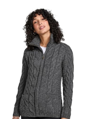 Irish Shaped Zipper Merino Wool Cardigan Sweater with Mock Turtleneck Made in Ireland