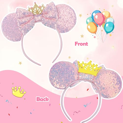 CANMIL Pink Sparkle Princess Bow Headband for Girls, Cute Sequin Hair Beauty Accessories (Pink Crown)