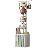 ボール収納 省スペース ボールスタンド 4段 ラック 玄関 コンパクト フック付き スタンド カゴ ボール 収納 ボール置き ボール収納ラック ヘルメット収納 ボウル ガレージ 子供 スポーツ 用具 棚 サッカー 野球 バスケ ラグビー バット グローブ ヨガマット 縄跳び ホワイト