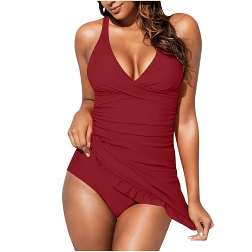 Women Retro Tankini Swimdress Tummy Control Bathing Suit Crisscross V Neck One Piece Tankini Tops with Bikini Bottoms