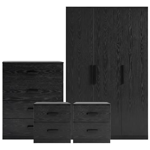 Blisswood 4 Piece Bedroom Furniture Set, 3 Door Wardrobe for Bedroom with 5 Drawer Chest of Drawers & Two Bedside Table, Bedroom Sets (Black)