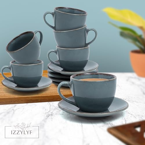 Image of 'Ocean Mist Blue' Durable Ceramic Tea Cup with Saucer Set of 12pcs(6Cup & 6Saucer) | Elegant Chai Cup | Microwave & Dishwasher Safe | Drinkware for Home, Office, Cafe, Guests Serving & Gifting