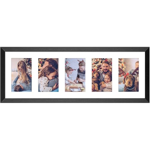 KSROECUD 8x24 Collage Frame with 5 Openings 4X6 Pictures, Multiple Picture Frame with Mat, Wall or Tabletop Decor, Black Wood Grain (1 Pack)