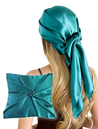CHUNG 35 Large Scarf Solid Color Square Wraps Satin Silky Feel Big Hair Bandanas 90cm Necktie 90-PecokBlue