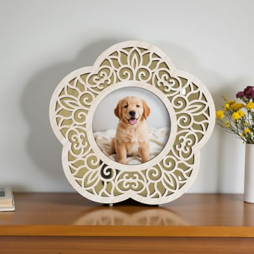 Image of Flower Shape Photo Frame | Wooden Decorative Picture Frame with Floral Laser Cut Border & Clear Acrylic Front | Wall & Tabletop Display | Premium Home Decor & Gift