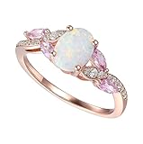 Tirafina Gemstone and Rose Gold Ring - Created Opal, Pink Sapphire, White Sapphire - 14K Rose Gold-Plated Sterling Silver Ring - Opal Birthstone Jewelry - 8x6 Oval Gemstones