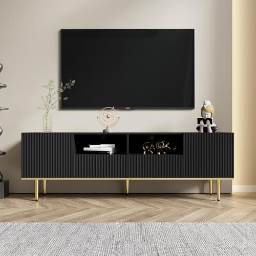 PUGSDRLY Meuble TV avec Rangement,2 Portes et 2 Tiroirs,Meuble TV Bas,Design élégant et Moderne,Pieds dorés (Noir, 165x36x55cm)