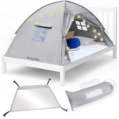 Gray Full Bed Tent for Kids Indoor Fort - Magical Dream Tents for Boys Pop Up Toddler Bed Canopy for Girls Bunk Bed Tent for Top Bunk - Sensory Sleep Pod for Kids Educational