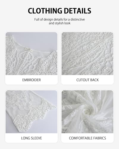 Bsubseach Womens Bathing Suit Cover Up Swimwear 2025 Back Cut Out Mesh Swimsuit Coverup Sheer Floral Beach Kimono Summer Cardigan(Cream White) - Image 3