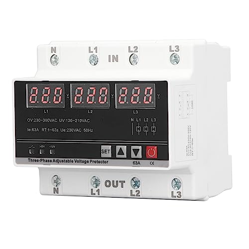 AC Current Protector AC120V to 300V 63A 3 Phase Adjustable Protectors Over Under Voltage Current Device DIN Rail Mount