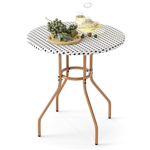HAPPYGRILL Outdoor Bistro Table, 27.5” Round Patio Table with Hand-Woven PE Rattan Tabletop and Metal Frame, for Garden Backyard Porch Balcony