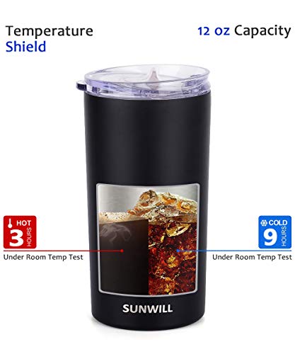 Sunwill 12Oz Tumbler With Lid, Insulated Coffee Travel Mug, Skinny Tumbler Lowball, Double Wall Stainless Steel Coffee Cup For Tea And Beverage, Black #TOP2