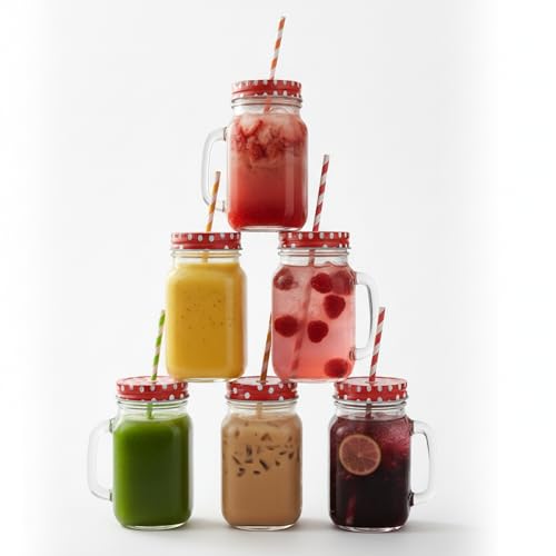 Image of Aesthetic Mason Glass Jars with Straw & Multicolour Checked Lid 450 ml - Classy Mug for Juice, Smoothies, Shakes, Coffee & Mocktails |Reusable Glass Jars for Kitchen, Party & Gifting (4)