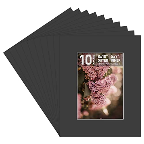 Golden State Art Pack Of 10, Acid-Free Black Pre-Cut 8X10 Picture Mat For 5X7 Photo With White Core Bevel Cut Frame Mattes #TOP30